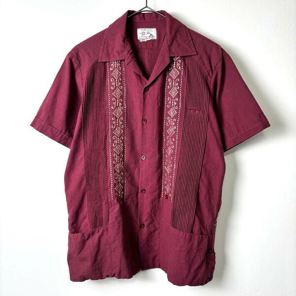 古着 70s キューバシャツ 開襟 半袖 ライン 刺繍 リネン ワインレッド S