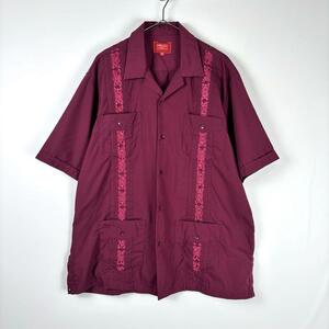 90s 古着 キューバシャツ 半袖 開襟 刺繍 ライン ワインレッド XL