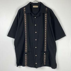 古着 90s キューバシャツ 半袖 開襟 刺繍 ライン 黒 ブラック L