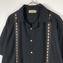 古着 90s キューバシャツ 半袖 開襟 刺繍 ライン 黒 ブラック L_画像2