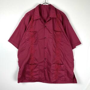 古着 90s キューバシャツ 開襟シャツ 半袖 刺繍 ライン レッド 2XL