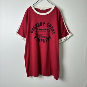 00s Y2K 古着 Tシャツ リンガーT 袖ライン 両面プリント レッド L