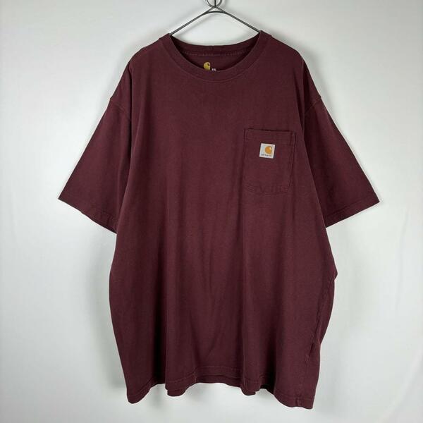 古着 Carhartt Tシャツ 刺繍ロゴ ポケット 厚手 ワインレッド 2XL