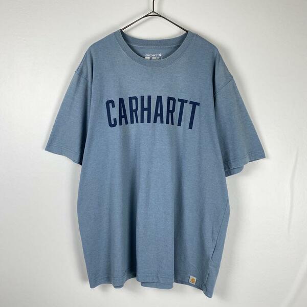 古着 Carhartt Tシャツ センターロゴ 刺繍ロゴ くすみブルー L