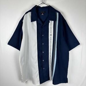 USA古着 キューバシャツ 開襟シャツ ライン 刺繍 バイカラー ネイビー XLの画像1
