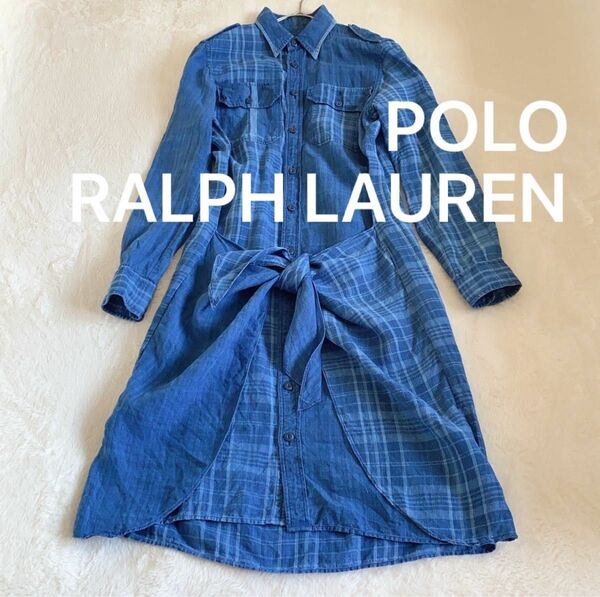 POLO RALPH LAUREN リネン　シャツワンピース　デニム　麻 ロング ブルー