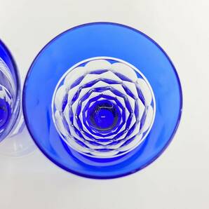 T34 カメイガラス 藍 江戸ビードロ 切子 酒盃 酒杯 ショットグラス 高杯グラス 縞模様 酒器 ガラス細工 硝子杯 2個セット まとめての画像7