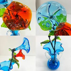 T45 ガラス製 琉球ガラス 朝顔 あさがお 2本 オブジェ 置物 インテリア 花瓶 赤 水色 ガラス工芸 まとめての画像7
