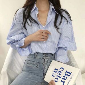 ストライプシャツ 袖口フリル サイズL キャンディースリーブシャツ 韓国　ブルー