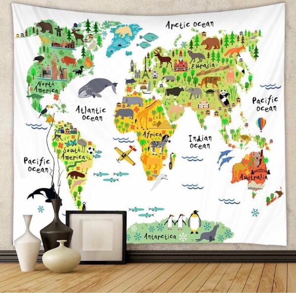 世界地図 タペストリー 可愛い動物 子供部屋 インテリア 韓国150×130