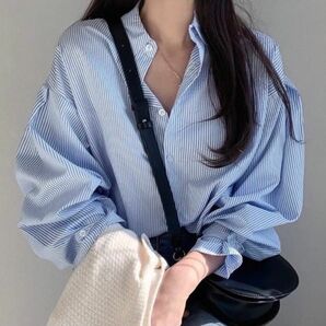 ストライプシャツ 袖口フリル サイズL キャンディースリーブシャツ 韓国