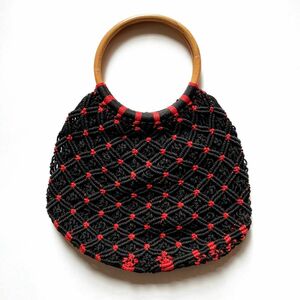 リンググラニーバッグ かぎ編みバッグ 持ち手木製 ハンドバッグ 昭和レトロ