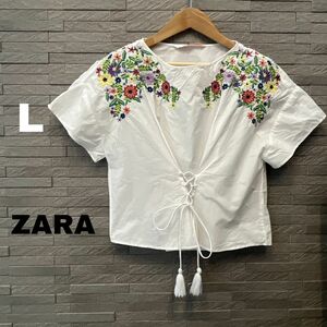 ザラ ZARA 半袖 Tシャツ トップス カットソー 花柄 刺繍 ホワイト Lサイズ　白 Vネック　シンプル　ビッグサイズ