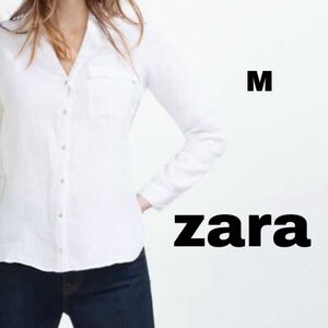 ザラ zara リネン Vネック 長袖 シャツ Mサイズ　シンプル ノーマル ホワイト　ブラウス　面接　フォーマル　レディース　