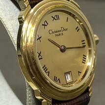●【MH-6844】中古品 Christian Dior クリスチャンディオール 48.122.3 レディース 腕時計 クオーツ デイト 純正レザーベルト 稼働品_画像2