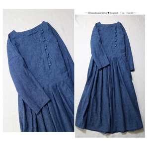 hand　made♪cotton&リネンサイドボタンタックOP♪