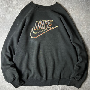 90s USA製 初期 銀タグ NIKE ビッグ スウォッシュ ロゴ プリント スウェット トレーナー XL / 90年代 アメリカ製 オールド ナイキ ブラック