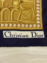 Christian Dior クリスチャン　ディオール　スカーフ　大判　シルク　レディース　ネイビー　花柄　ロゴ　ヴィンテージ _画像2