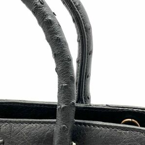 仙9 オーストリッチ ハンドバッグ ブラック系 JRA認定 キーロック ゴールド金具 鍵付き バーキン型 レザー 黒 手提げ 鞄の画像7