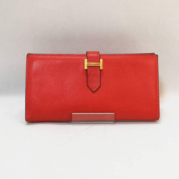 【美品】エルメス(HERMES)ベアン クラシック クシュベル 赤 レッド系 長財布 おしゃれ 人気 男女兼用 ゴールド金具【送料無料】127