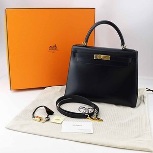 HERMES エルメス Kelly ケリー28 ボックスカーフ ブラック ノワール □G刻印 ゴールド金具 バッグ