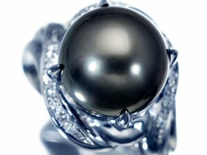 1円～【ジュエリー極】妖艶な色合い！南洋ブラックパール11.5mm＆天然ダイヤモンド0.12ct 高級Pt900リング a1045kv【送料無料】