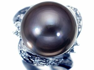 1円～【ジュエリー極】鑑付 妖艶な色合い！南洋ブラックパール13.3mm＆天然ダイヤモンド0.24ct 高級Pt900リング a1069kulm【送料無料】