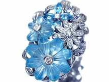 1円～【ジュエリー極】超豪華 花彫刻天然ブルートパーズ15.59ct＆脇ブルトパ0.90ct＆ダイヤ0.48ct 超高級K18WGリング k8448izl【送料無料】_画像2