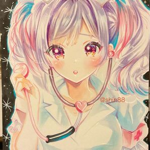 手描きオリジナルイラスト ツインテールナース服の女の子