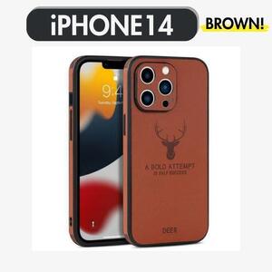 ブラウン iPhone14 ケースカバー鹿ロゴ 茶色 レザー合皮 メンズ レディース 人気 かっこいい iPhoneケース スマホケース 携帯ケース 新品