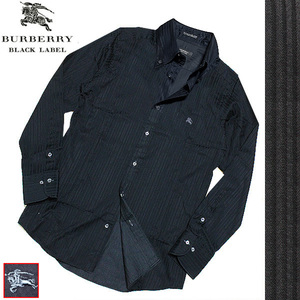 極美品！3(L)★シャドーストライプ×ホース刺繍★バーバリーブラックレーベル メンズ BD長袖シャツ ドレスシャツ 黒BURBERRY BLACK LABEL
