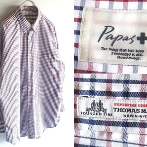 高級 Papas+ パパスプラス THOMAS MASON トーマスメイソン社 コットン チェック BDシャツ ボタンダウンシャツ L 白紺赤 日本製 ネコポス可の画像1