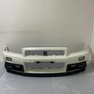 美品 日産 BNR34 R34 スカイライン GT-R GTR 純正 フロントバンパー スカートリップ スポイラー フォグカバー ウインカー ホワイト 白