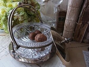 ( britain ) Vintage silver plate & cut glass butter case /bombonie-ru display 