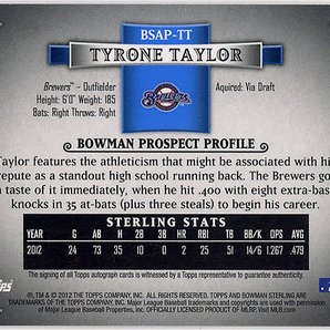 METS外野▲TYRONE TAYLOR/2012 BOWMAN STERLING直書サインPROS!の画像2