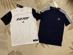 新品 150 2枚 adidas アディダス 快適!! 半袖ロゴ総柄Ｔシャツ ホワイト/ブラック 白/黒 ネイビー/ホワイト 紺