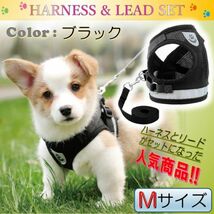 ペット用品 ハーネス & リード ベスト型 犬 猫 お散歩 通気性 メッシュ素材 ブラック M_画像1