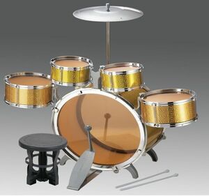 [.... among . even large sound . doesn't go out safety design ]5.. drum . cymbals, stick, chair has .. authentic style! Kids drum set ( gold color )