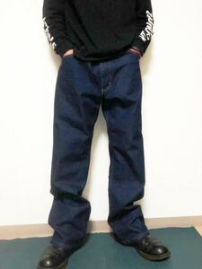 Leeリー濃紺ブーツカット　フレア　デニムLストレッチ　日本製　裾チェーンステッチ