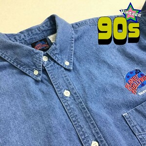 ◎大きいサイズ◎90's オフィシャル品◎[PLANET HOLLYWOOD プラネット ハリウッド]刺繍 デニムシャツ[メンズ XL]企業 映画 スター K2-328