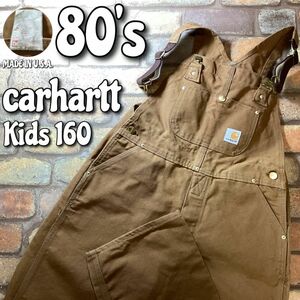 ★80s USA製★良品＆正規品★【carhartt カーハート】星マーク ユニオンチケット Wニー オーバーオール【ユース 160】茶 子供服 K3-434