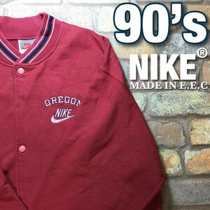 ★90′s 激レア★E.C.C.製★銀タグ★【NIKE ナイキ】豪華刺繍 ライン入りリブ スウェット スタジャン ジャケット【メンズ L】エンジ K3-228