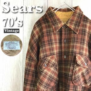 ★稀少!!レア品◆70's vintage◆【ストアブランド★Sears シアーズ】チェック柄 芯入 長袖 ボックスシャツ[メンズ XL]茶 入手困難 K2-203