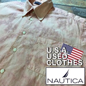 FP1-011★USA直輸入!!★1点物★【NAUTICA ノーティカ】ギンガムチェック＆タイダイ柄 半袖 ボタンダウンシャツ[海外規格 メンズ M]オレンジ