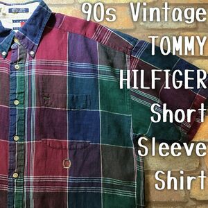 ★アメリカ直輸入!!★正規品★【TOMMY HILFIGER】コットンリネン素材 マドラスチェック柄 半袖 BDシャツ[海外メンズ M]エンジ 青 緑 K2-993