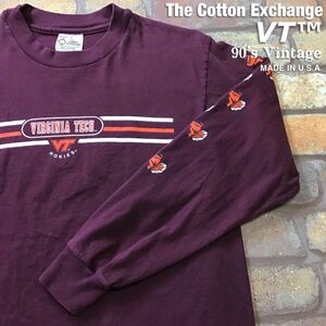 ★90’s vintage★USA製★【The Cotton Exchange】バージニア工科大学 HOKIES 刺繍ホーキーバード 長袖 Tシャツ[M]エンジ アメフト K2-877