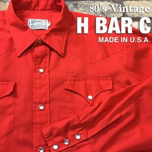 ★USA製★80’s vintage★【H BAR C エイチバーシー】 赤無地 長袖 ウエスタンシャツ[17-35]ロデオ カウボーイ ロカビリー 50’s K2-841