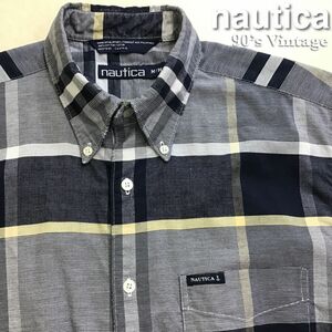 ★アメリカ直輸入!!★90's vintage★[nautica ノーティカ]旧タグ チェック柄 ボタンダウン 半袖シャツ[メンズ M]紺 綺麗目 マリン K2-434