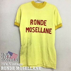 ★訳アリ価格!!★稀少★70's vintage★【RONDE MOSELLANE】刺繍 Tシャツタイプ 半袖 サイクルジャージ[XL]黄 自転車 ロードバイク K2-582