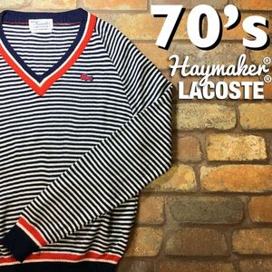 ★ 70-е годы ★ Хорошее состояние ★ Подлинное ★ [Lacoste Haymaker Lacoste] Геки редкая триколовая граница V Акриловый свитер [40] K3-184